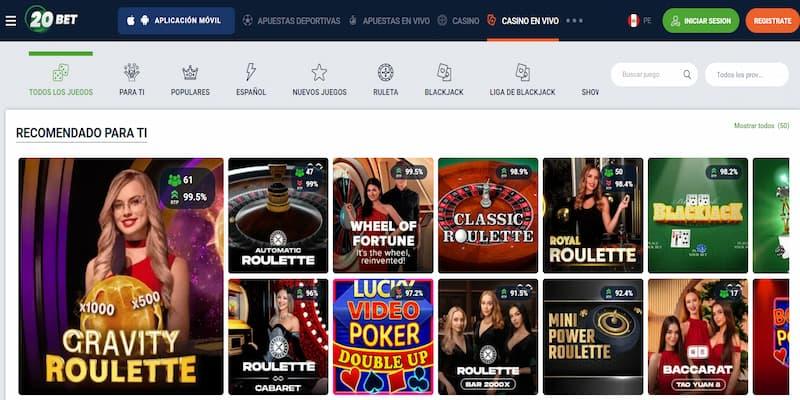 Página de casino en vivo en 20Bet
