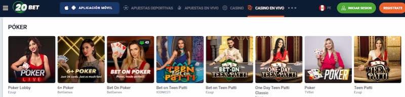 Página de poker en 20Bet
