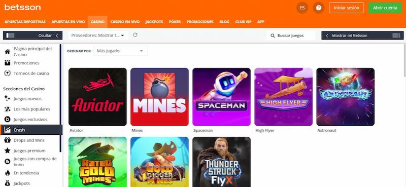 Página de juegos crash en Betsson