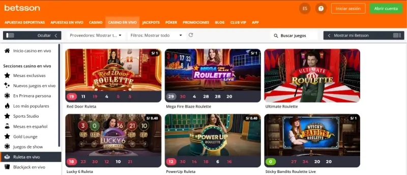 Página de ruleta en vivo en Betsson