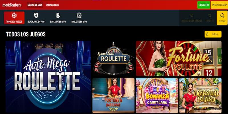 Página de casino en vivo en MeridianBet