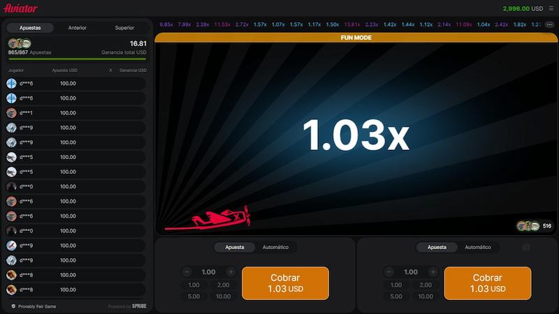 Interfaz de lo juego crash Aviator