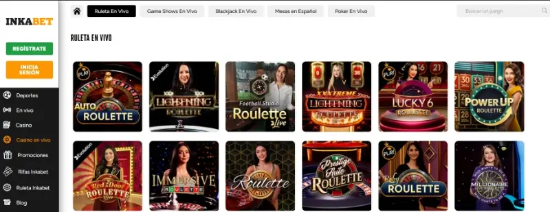 Página de ruleta en vivo en Inkabet
