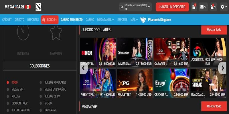 Página de casino en vivo en Megapari