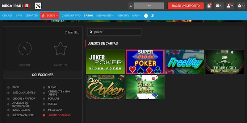 Página de poker en Megapari