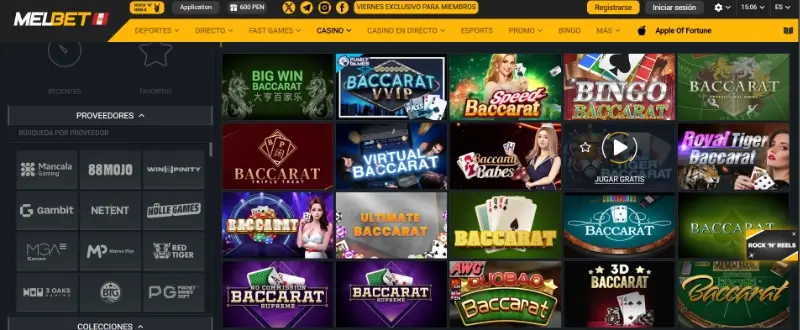Página de baccarat en Melbet