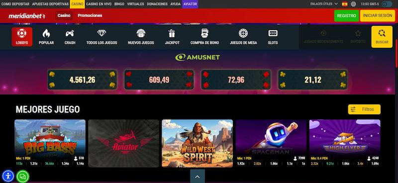 Página de juegos crash en MeridianBet