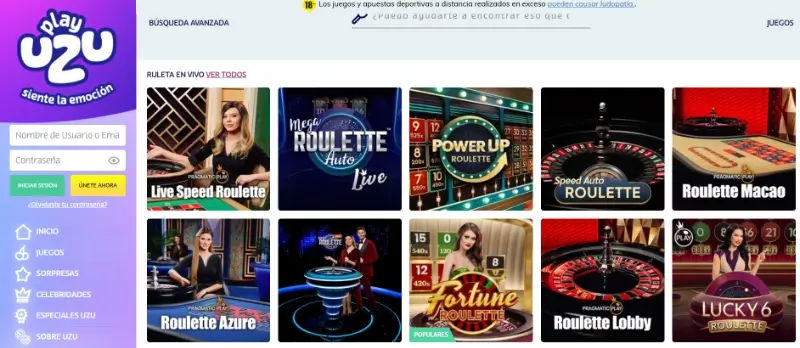 Página de ruleta en vivo en PlayUZU