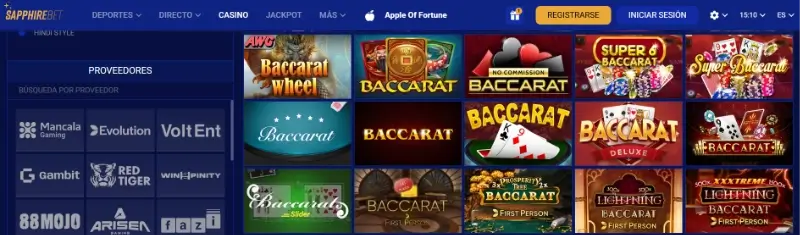 Página de baccarat en Sapphirebet