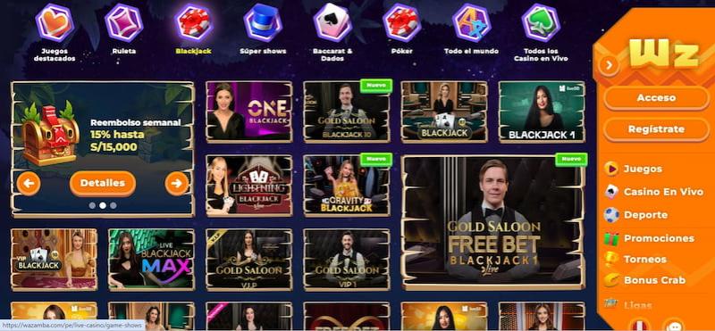 Pagina de blackjack en vivo de Wazamba
