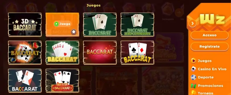 Página de baccarat en Wazamba
