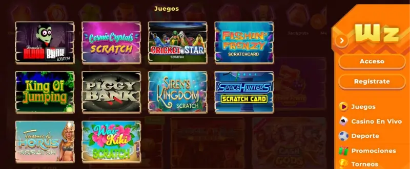 Página de rasca y gana en Wazamba